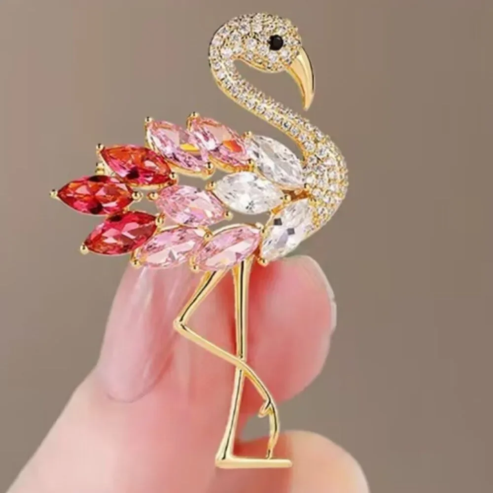 Flamingo Brooch Pin Pink & Clear Rhinestones & Crystals Delicate Animal Bird Pin